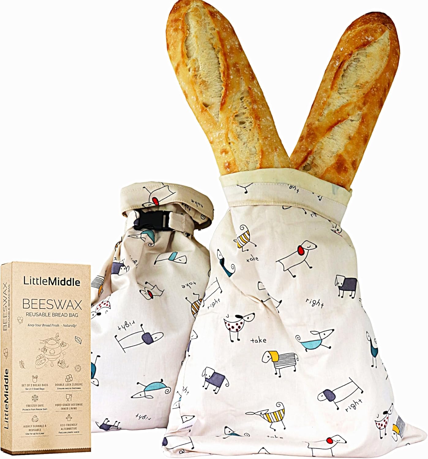 2 12.6" 16.7" XL Beeswax Bread Bags for Homemade Bread, Reusable Cotton and Beeswax Storage for Sourdough or Artisan