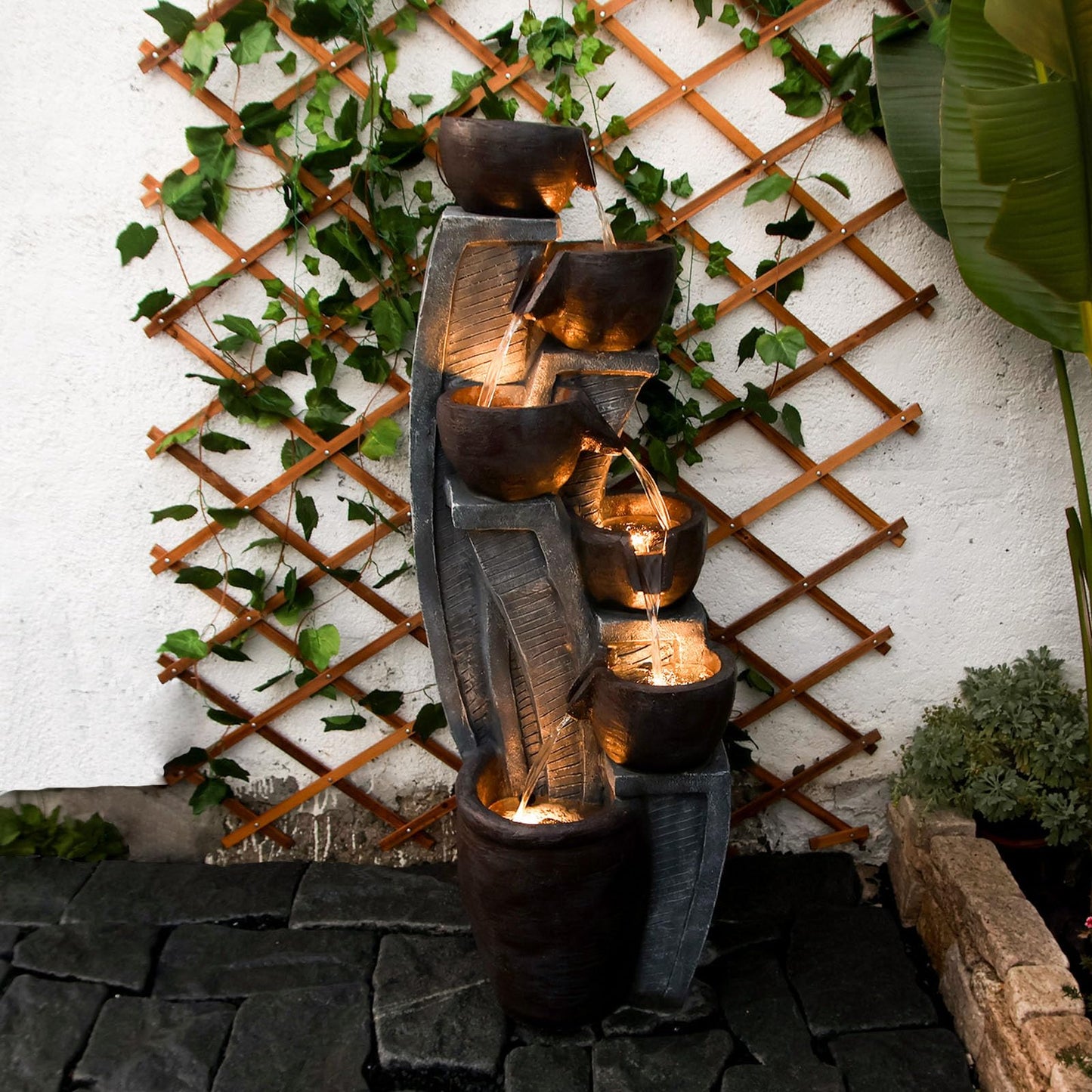 6-Tier Cascading Outdoor Water Garden Fountain 49.61''H Modern Floor-Standing Indoor Waterfall Fountains Bowl and Jar Water Feature with LED Lights for Office Home Art Decor Deck Yard Patio Porch