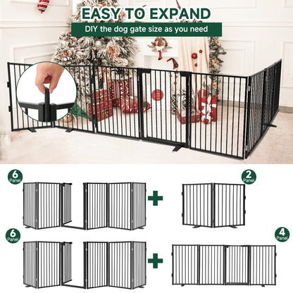 Snagle Paw Full Metal Freestanding Dog Gate with Door, 120” W x 32” H Pet Gate with Support Feet for Doorways, Stairs and Hallways, Portable Dog Fence for Indoor Use (32" 6 Panel, Black)