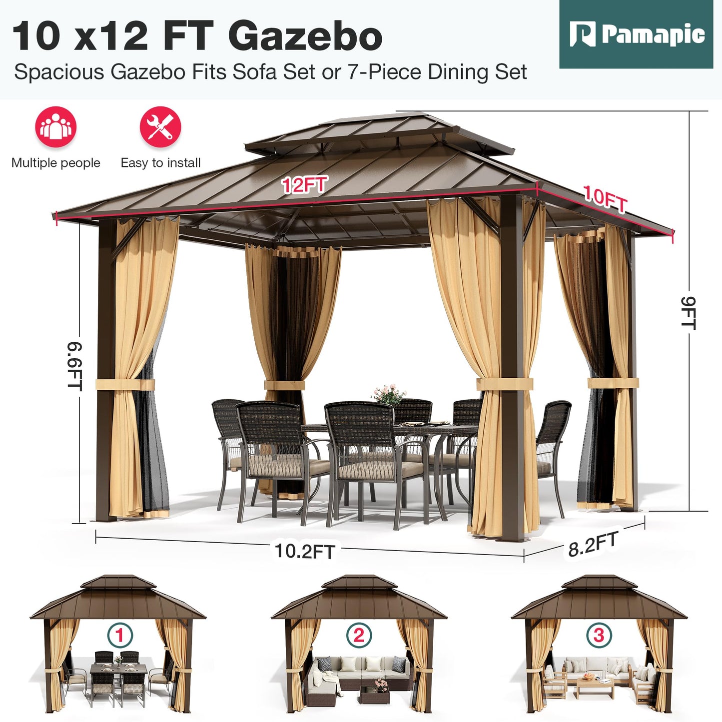 PAMAPIC 10x12FT Hardtop Gazebo,Galvanized Steel Double Roof with Aluminum Frame,Outdoor Permanent Pavilion with Breathable Netting & Privacy Curtain for Patio,Backyard,Deck,Lawn,Brown