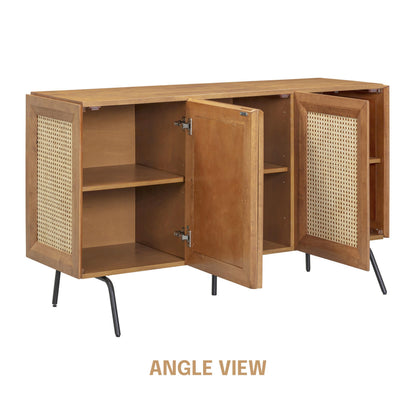 NTC MOSSIC Modern Sideboard with 3 Doors, Natural Rattan Storage Cabinet, Buffet with Metal Legs, Boho Accent Cabinet for Living Room, and Entryway, Effortless Assembly, Teak Look