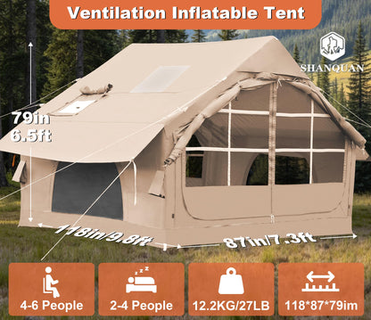 Inflatable Tents for Camping with Stove Jack,4-6 Person Easy Setup Blow Up Tents for 4 Seasons Waterproof Inflatable Camping Tent with Clear Skylight, Air House Glamping Tents for Adult