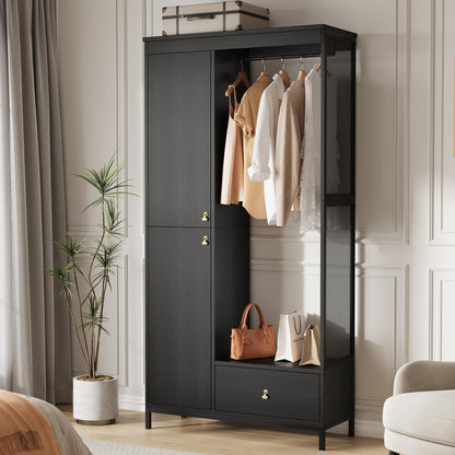 GAOMON Modern Armoire Wardrobe Closet, Wood and Metal Frame Clothes Storage Organizer with Double Closed Doors, Open Hanging Rod, Bottom Drawer, Freestanding Bedroom Furniture for Small Spaces, Black