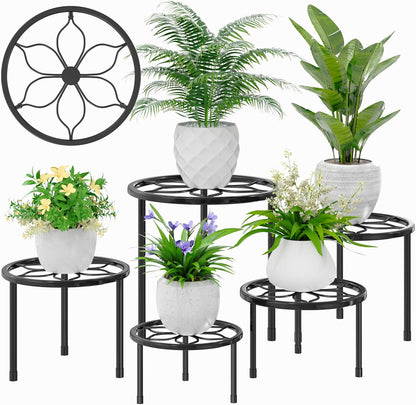 Set 5, VECELO Metal Plant Stands of Multiple Heavy Duty Flower Pot Stand, Round Plant Holder, Black