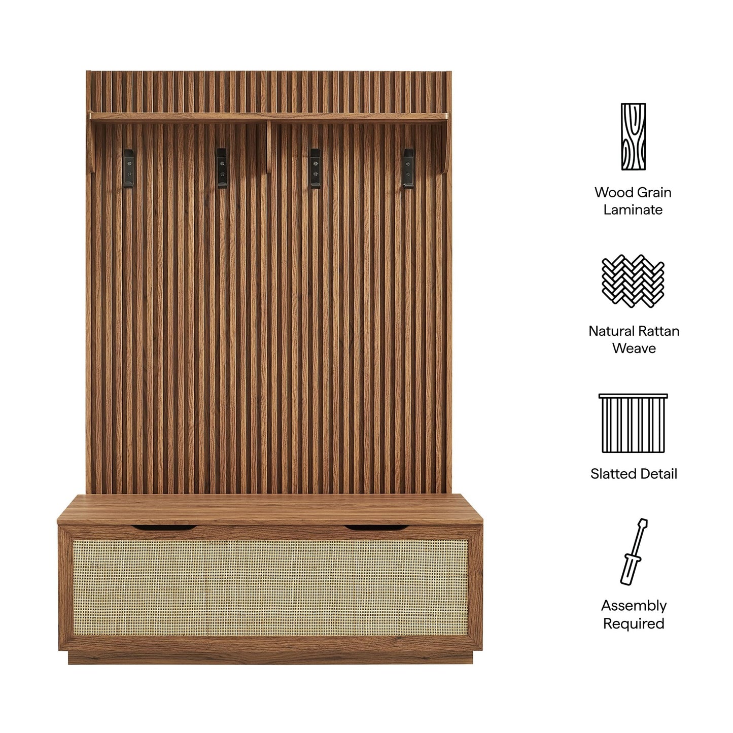 Modway Soma 3-in-1 Hall Tree in Walnut with Rattan Storage Bench and Fluted Coat Rack – 2-Piece Entryway Storage Set with Hooks, Shelf, and Bench