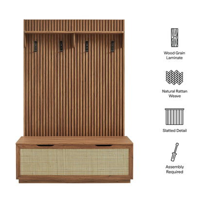 Modway Soma 3-in-1 Hall Tree in Walnut with Rattan Storage Bench and Fluted Coat Rack – 2-Piece Entryway Storage Set with Hooks, Shelf, and Bench