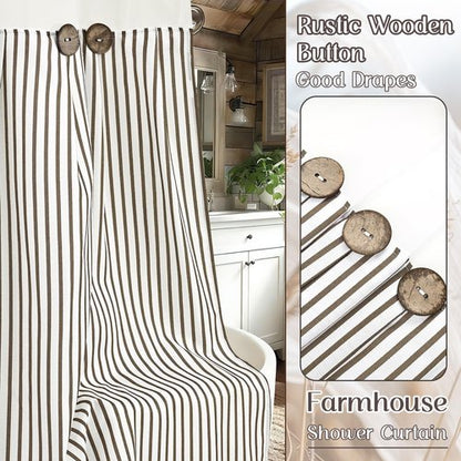 ASPMIZ Farmhouse Shower Curtain and Liner Set, No Hook Shower Curtain with Snap in Liner Fabric, Rustic Washable Waterproof Bathroom Curtains with Button, Mesh Top Window, Brown Striped, 71"x 74"