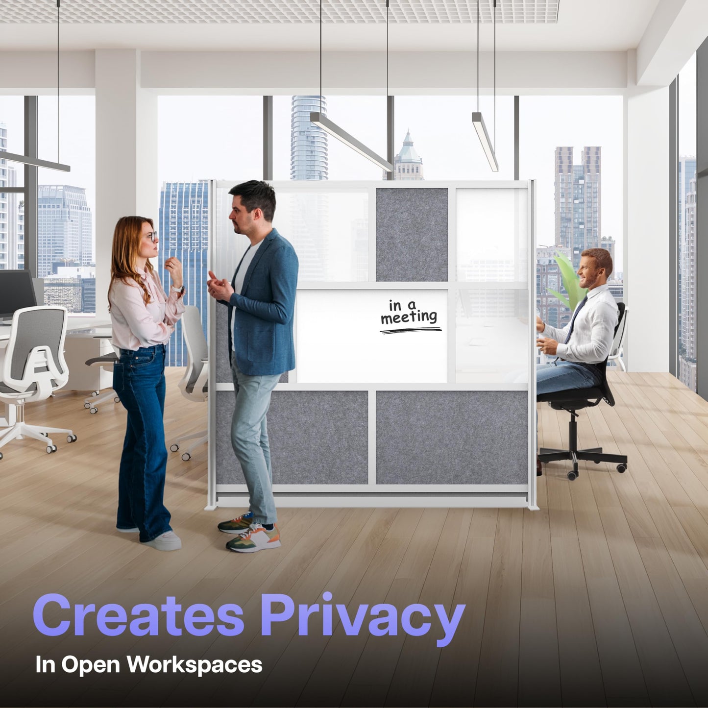 Room Divider for Office Privacy – Modular Freestanding Partition with Whiteboard, PET Acoustic Panel, and Frosted Acrylic, Workflow Multi-Functional Wall, Gray Frame, Easy Assembly (70” x 70”)