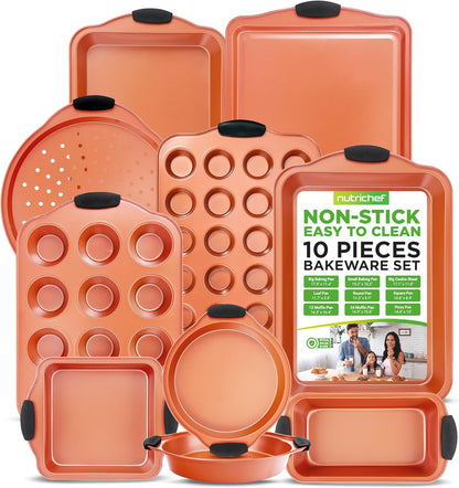 NutriChef 10-Piece Nonstick Baking Pans Set - Versatile Bakeware for Cookies, Cakes & Roasting | Includes Cookie Sheet, Muffin Pan, Cake Pan & Pizza Pans
