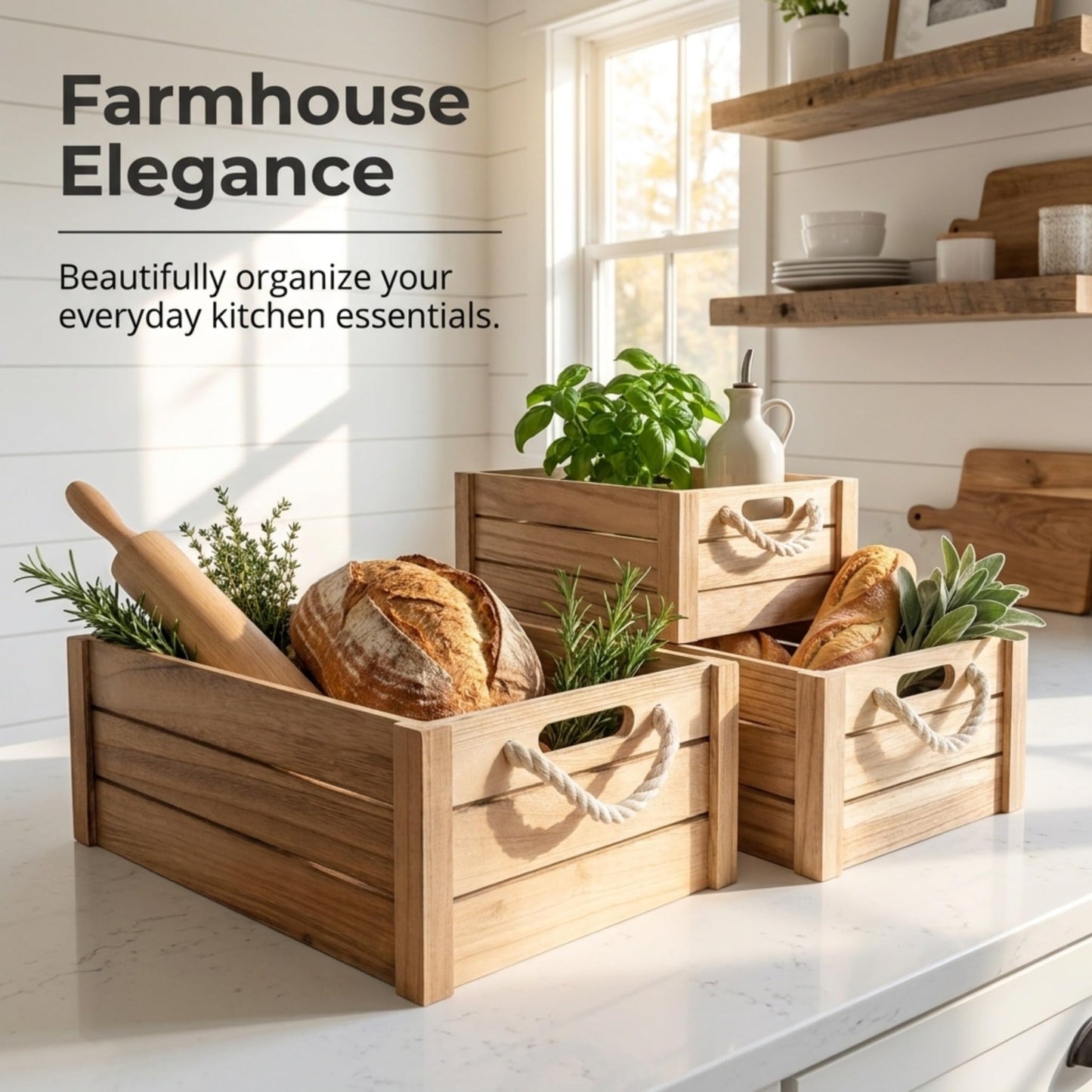Set of 3 Rustic Nested Wooden Crates with Rope Handles - Decorative Farmhouse Storage Boxes for Kitchen, Living Room & Bathroom - Modern Wood Grain Home Organization