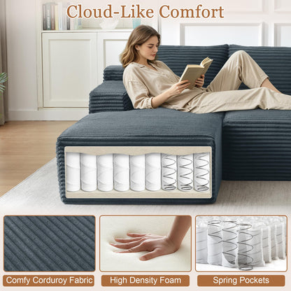 96" L Shaped Cloud Sectional Couch with Chaise, Deep Seat Modular Sectional Sofa Corduroy Memory Foam Sofa Boneless Couches for Living Room Bedroom, No Assembly Required