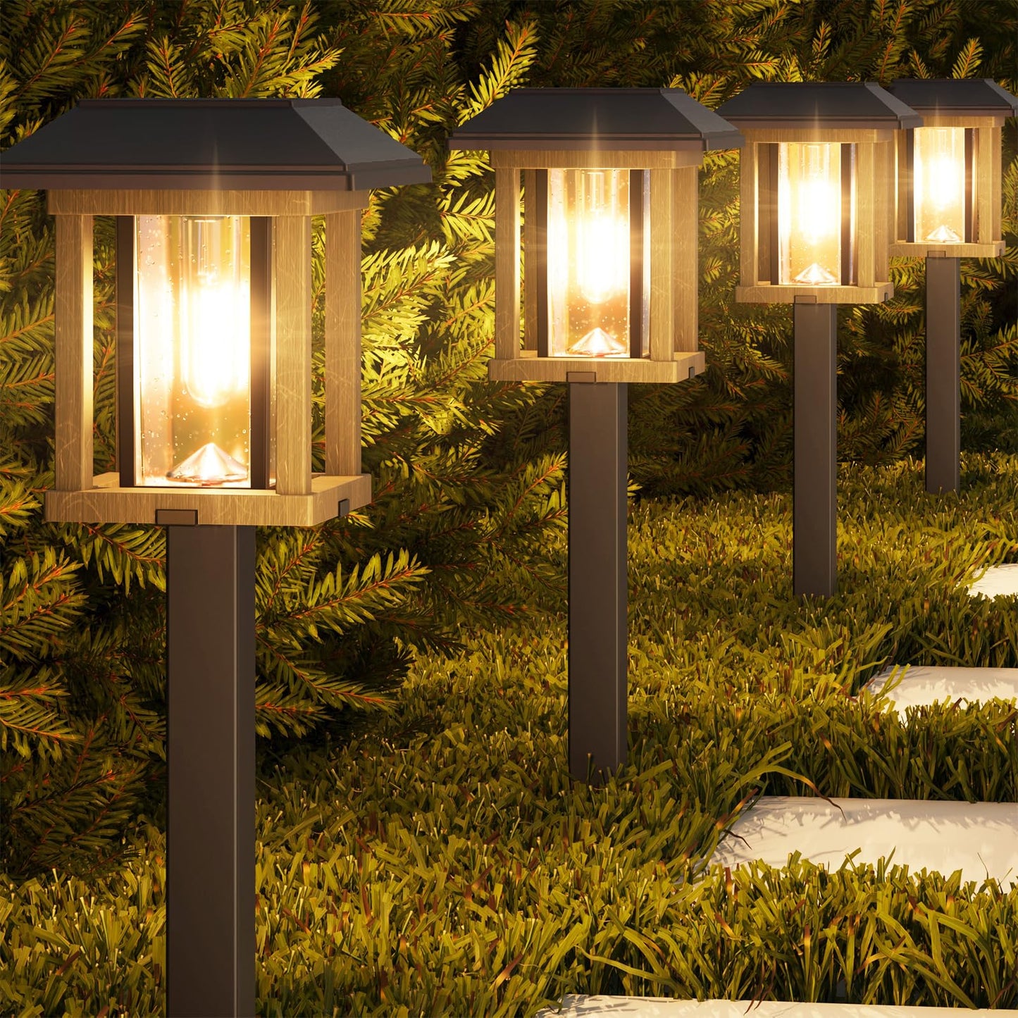 XMCOSY+ Solar Pathway Lights Outdoor, 25 LM LED Garden Lights with Seed Glass, 2-Tone Bronze & Wood Colour, IP65 Waterproof Solar Powered Lighting for Yard Landscape Driveway Walkway (Warm White)