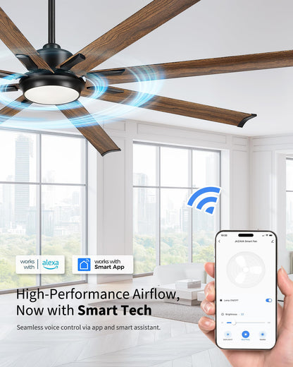 JAZAVA 72 Inch Ceiling Fan with Light, Industrial Design with 8 Aluminum Blades, Smart Control Compatible with Alexa, Indoor Outdoor Garage Fan for Living Room Patio, Model ZCCF04WD-72