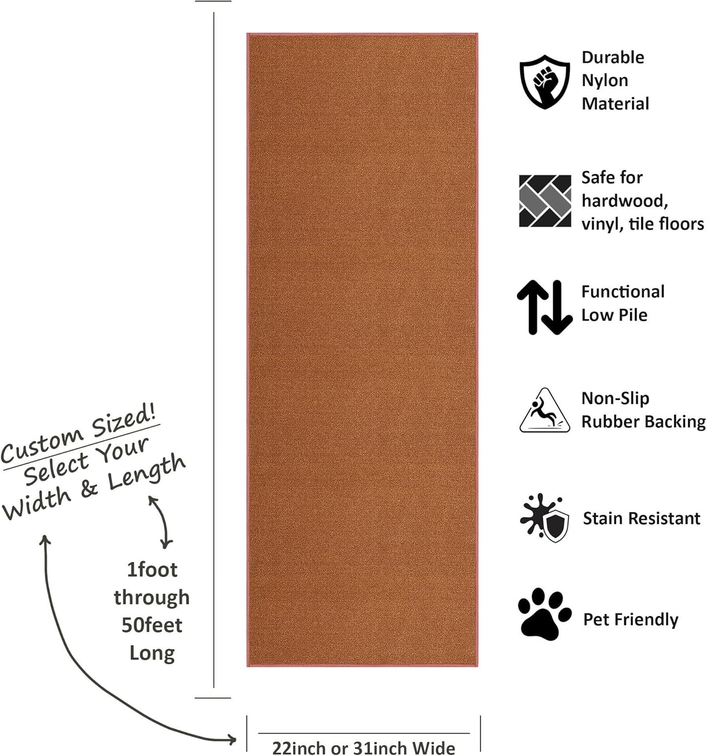 Kapaqua Custom Length Solid Color Runner Rug, Non-Slip Rubber Backing for Hallway, Stair, Kitchen, Living Room, Burnt