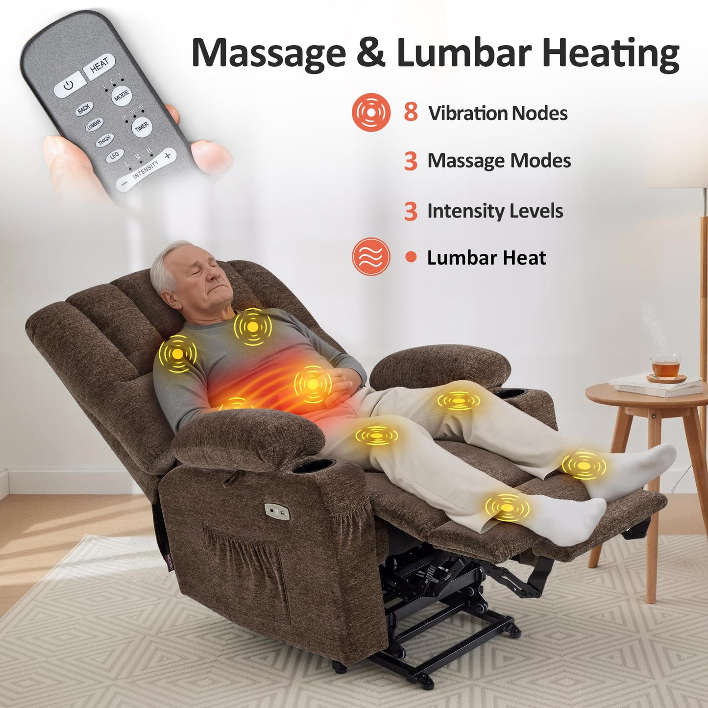 MCombo Power Lift Recliner Chair for Elderly, Lift Chair with Heat and Massage, USB &Type C Ports, Cup Holders, Fabric 7095 (Medium, Mocha)
