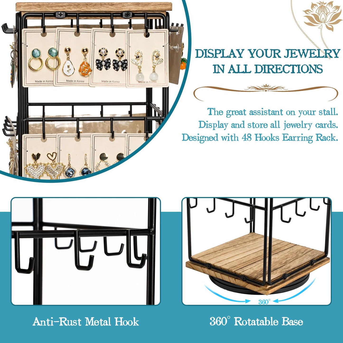 Yoimori 360 Rotating Earring Display Stands for Selling, Earring Rack Display Holder Stand, Jewelry Display for Vendors Selling Earring Cards, Necklaces, Bracelets, Hair Accessories (48 Hooks)