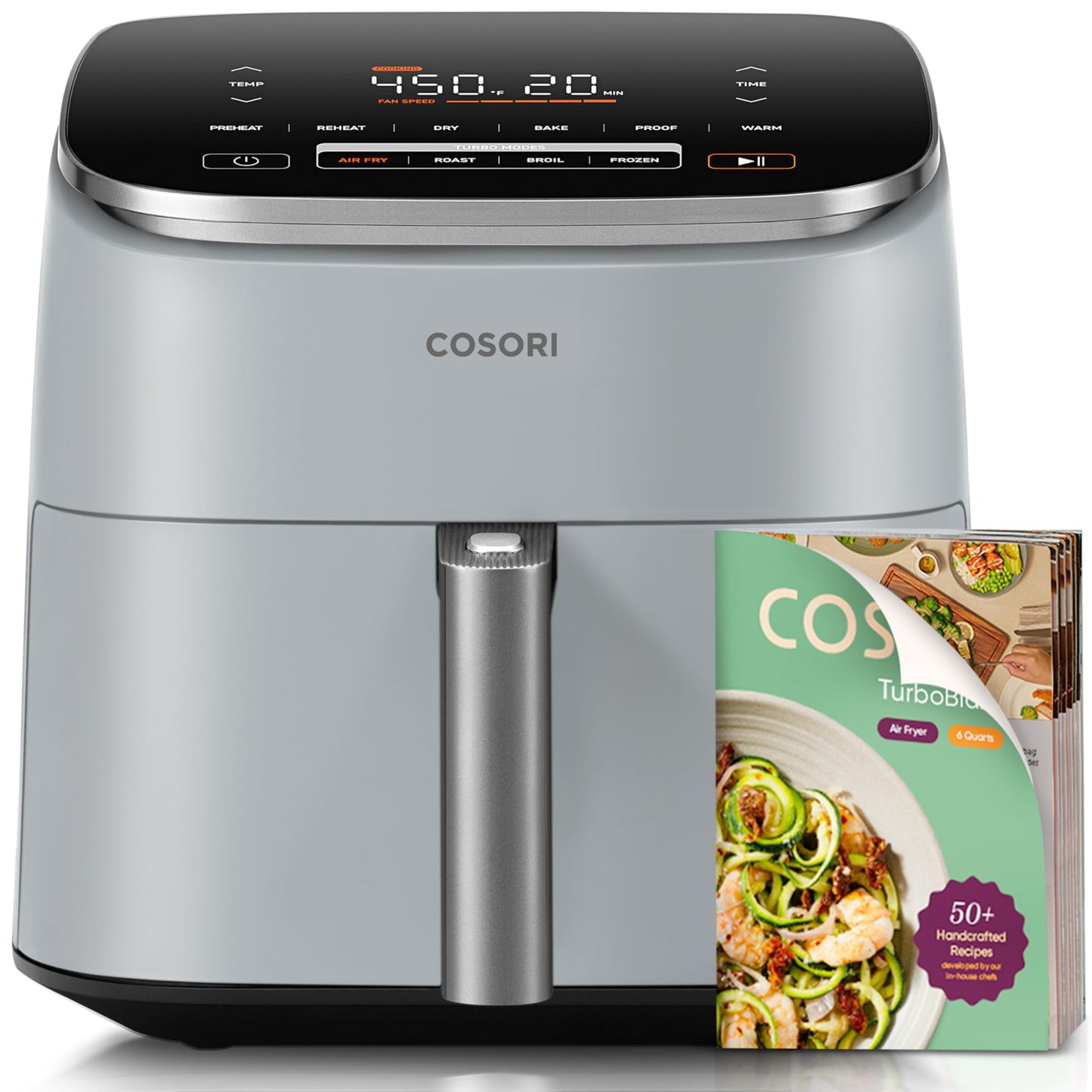 Cosori 9-in-1 TurboBlaze Air Fryer 6 Qt, Premium Ceramic Coating, 90°–450°F, Precise Heating for Even Results, Air Fry, Roast, Bake, Broil, Dry, Frozen, Proof, Reheat, Keep Warm, 120V, Light Gray