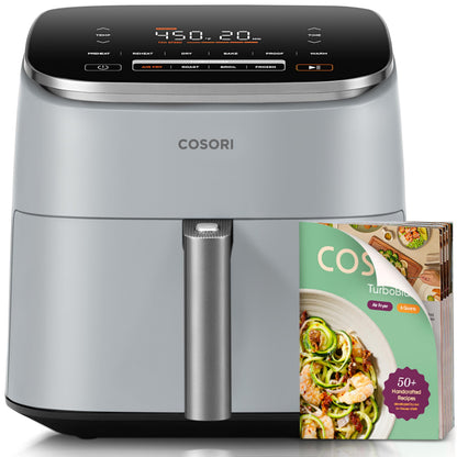 Cosori 9-in-1 TurboBlaze Air Fryer 6 Qt, Premium Ceramic Coating, 90°–450°F, Precise Heating for Even Results, Air Fry, Roast, Bake, Broil, Dry, Frozen, Proof, Reheat, Keep Warm, 120V, Light Gray