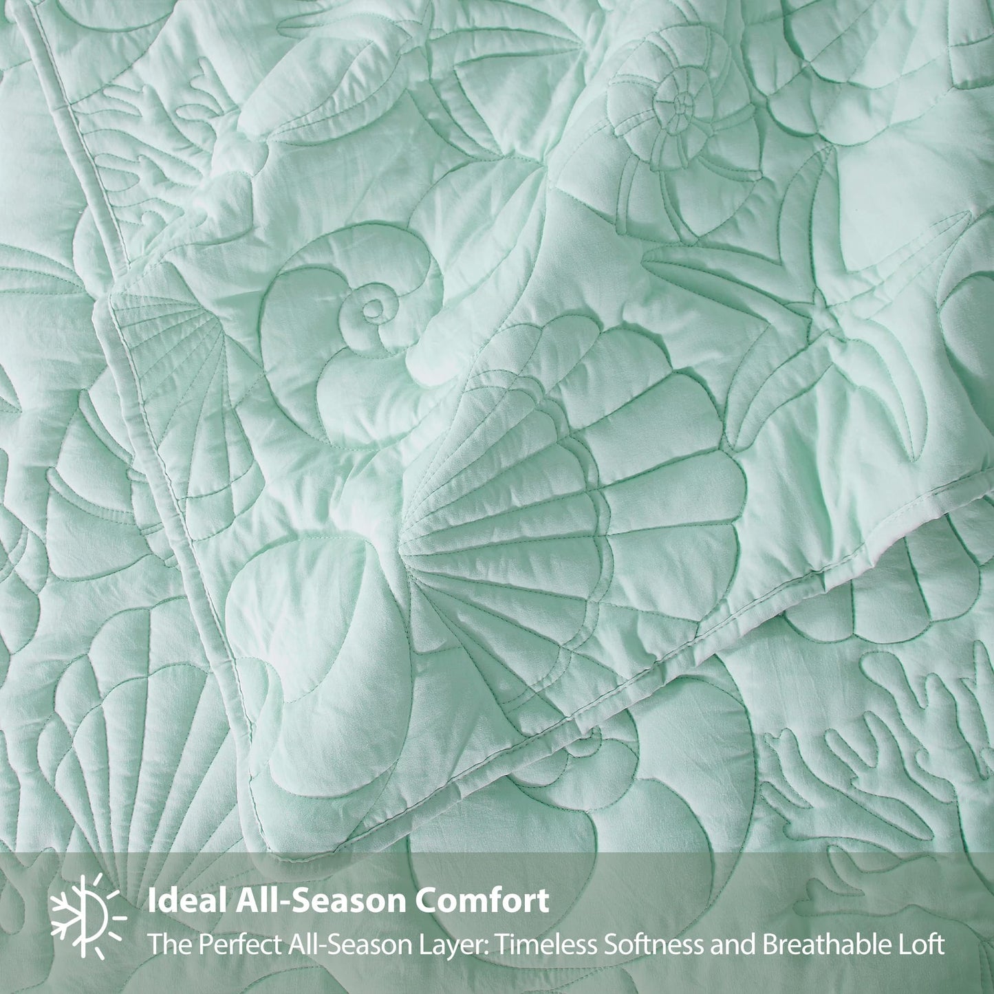 WDCOZY Coastal Beach Queen Size Quilt Bedding Sets, Seafoam Green Nautical Tropical Ocean Bedspread, Scallop Seashell Soft Coverlet, Lightweight Summer Thin Comforter for All Season