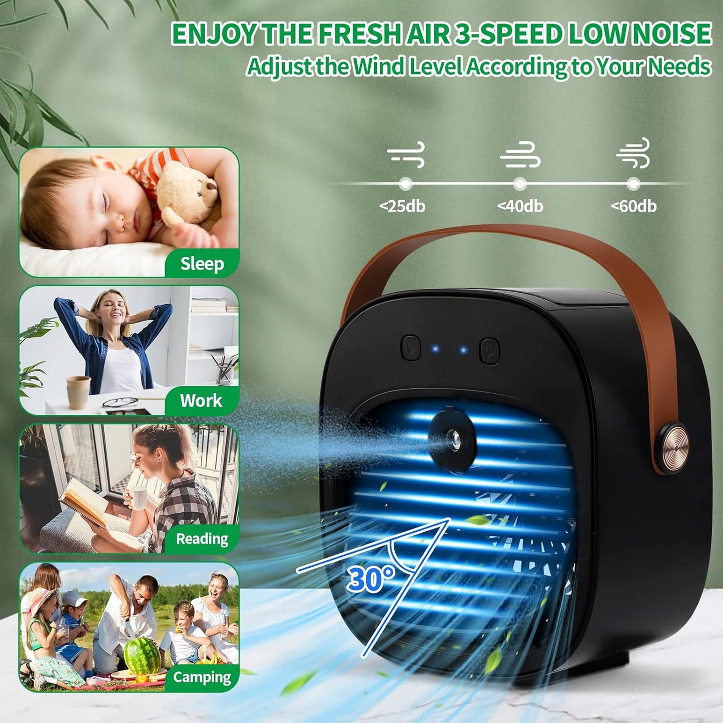 Portable Air Conditioners, 5200mAh Mini Air Cooler with 3 Speeds, Small Desk Air Conditioner for Bedroom, Office