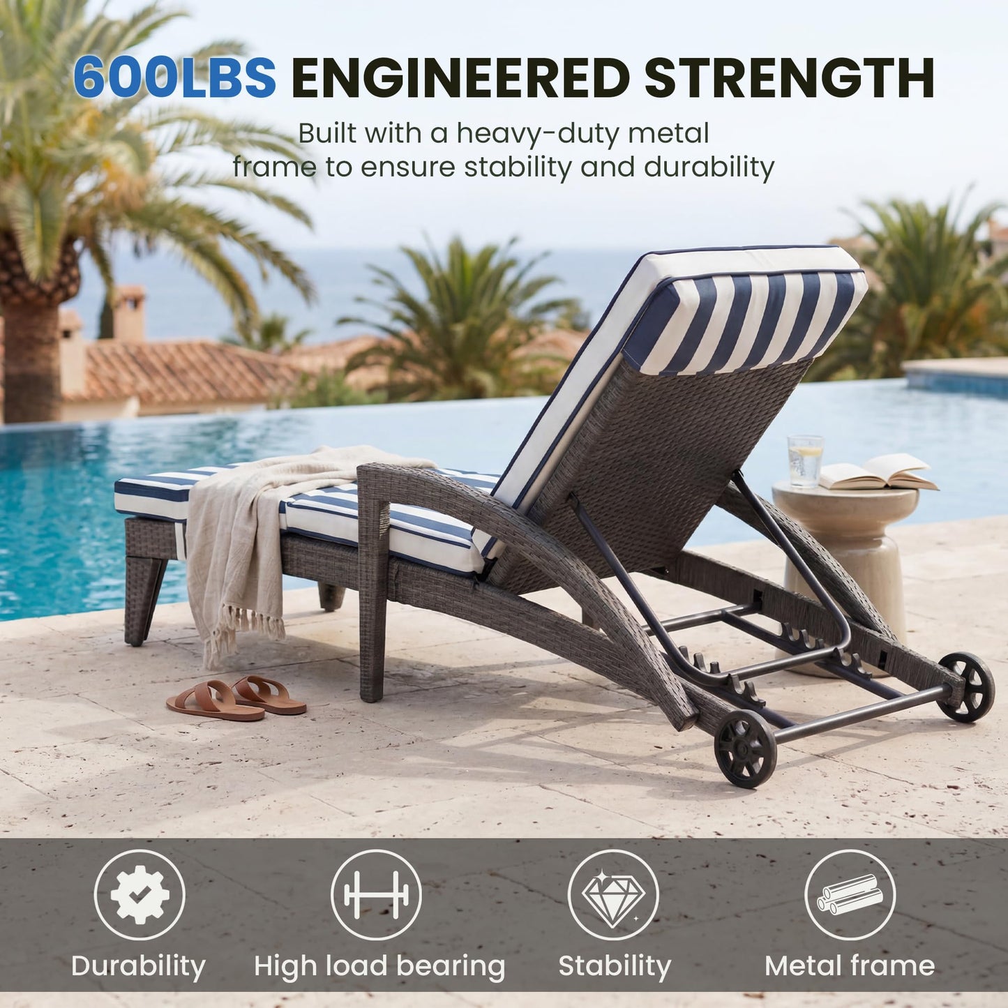 DAYARUS Patio Chaise Lounge Chairs Set of 2, Outdoor Recliner with Washable & Removable Cushions, 5-Position Adjustable Backrest, All-Weather Rattan & Metal Pool Lounger with Wheels for Deck, Blue