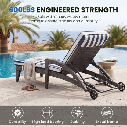 DAYARUS Patio Chaise Lounge Chairs Set of 2, Outdoor Recliner with Washable & Removable Cushions, 5-Position Adjustable Backrest, All-Weather Rattan & Metal Pool Lounger with Wheels for Deck, Blue