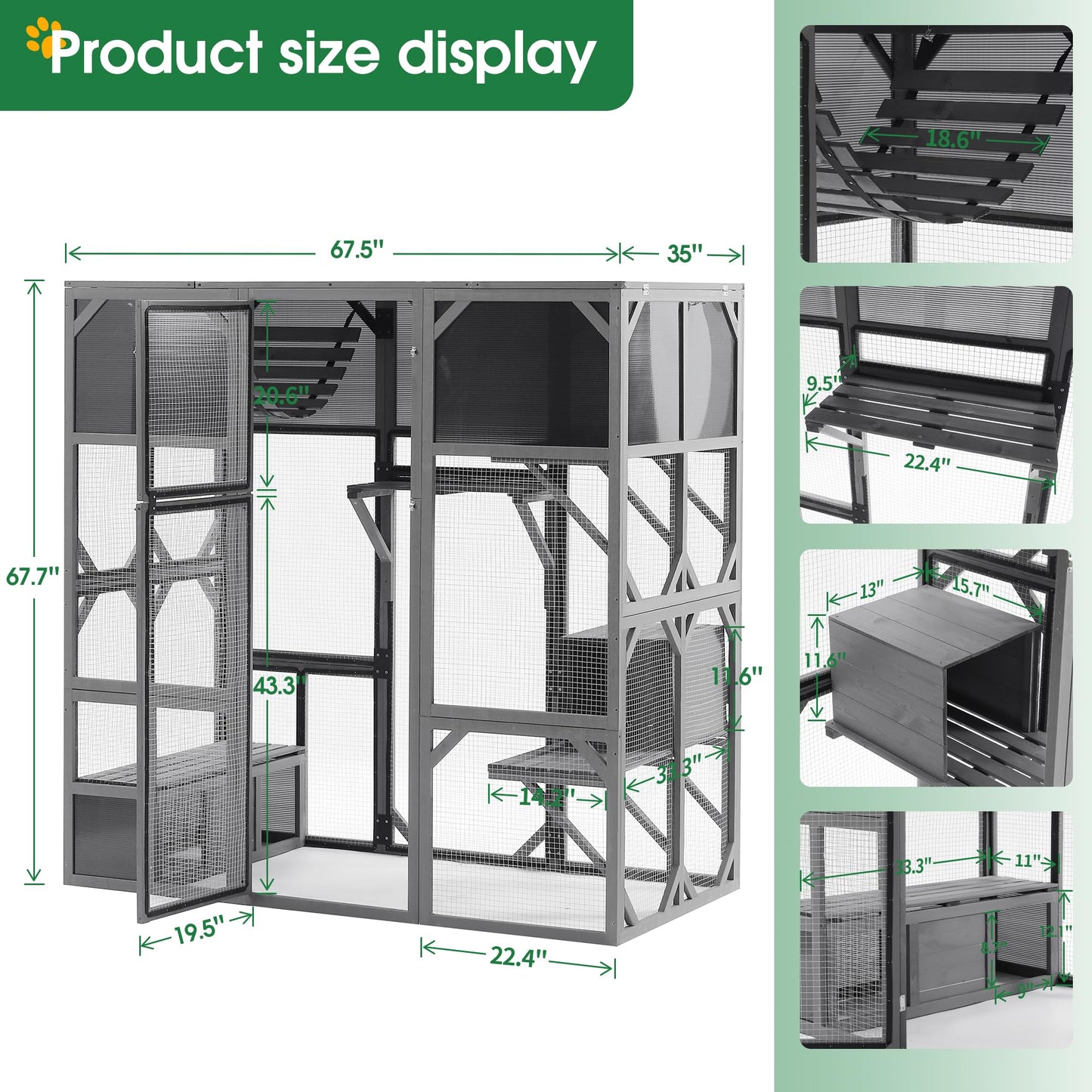 Ball & Cast Outdoor Wooden Cat House Catio Enclosure with Enter Door Kennel,Bouncy Bridge,Platforms and Small Houses,Waterproof,for Walk-in Kitty Kennel,Dark Grey