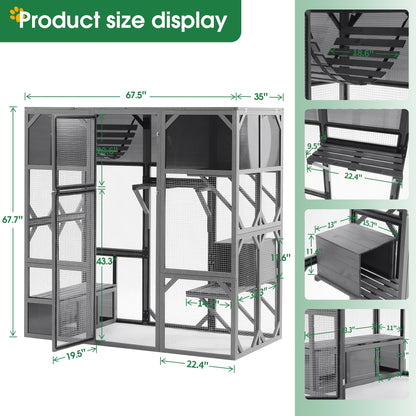 Ball & Cast Outdoor Wooden Cat House Catio Enclosure with Enter Door Kennel,Bouncy Bridge,Platforms and Small Houses,Waterproof,for Walk-in Kitty Kennel,Dark Grey