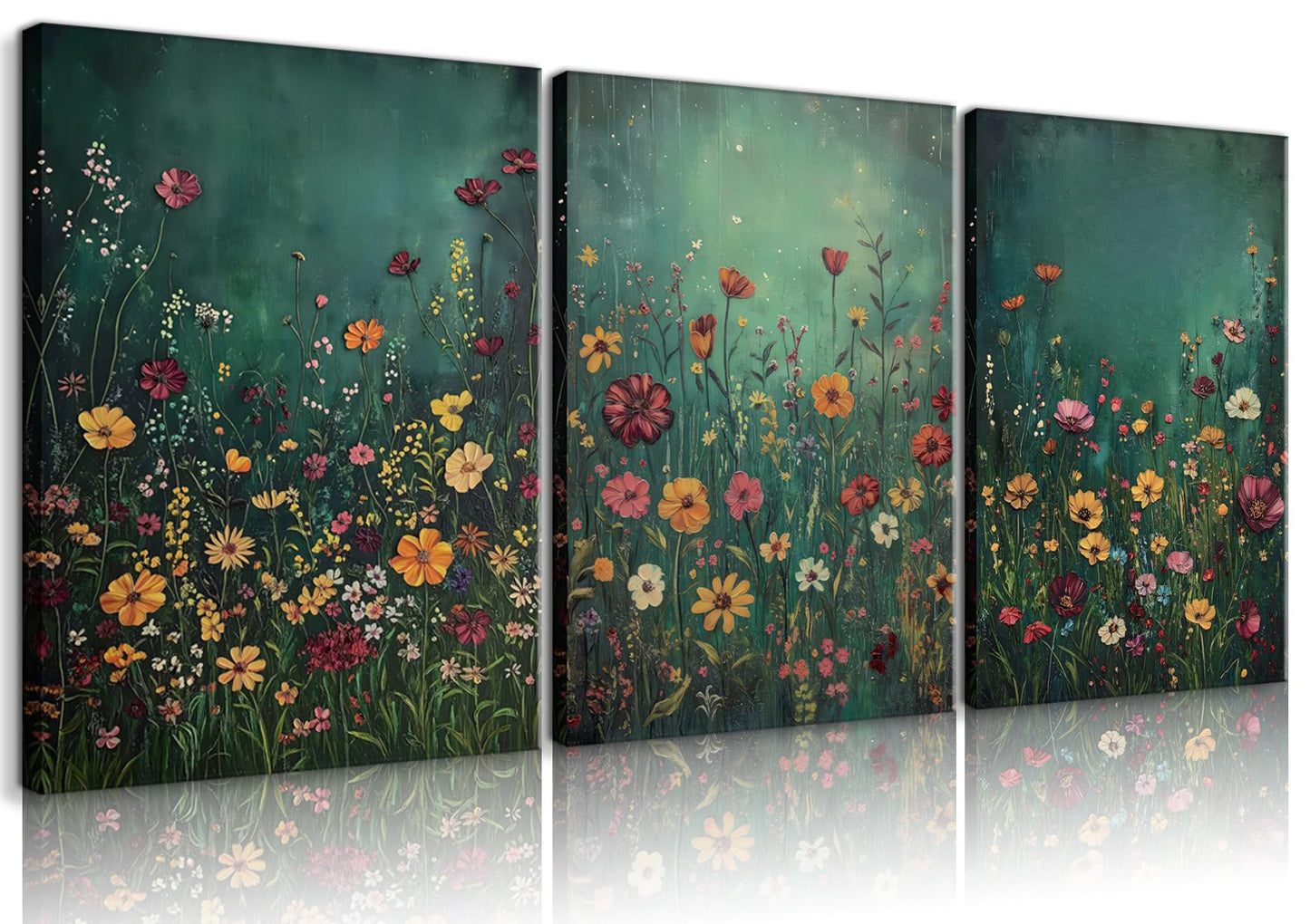 GEFQBBLD 3 Piece Canvas Wall Art Set, Emerald Green Wildflower Meadow Prints, Textured Impasto Boho Floral Decor for Living Room Bedroom 12x16 unframed