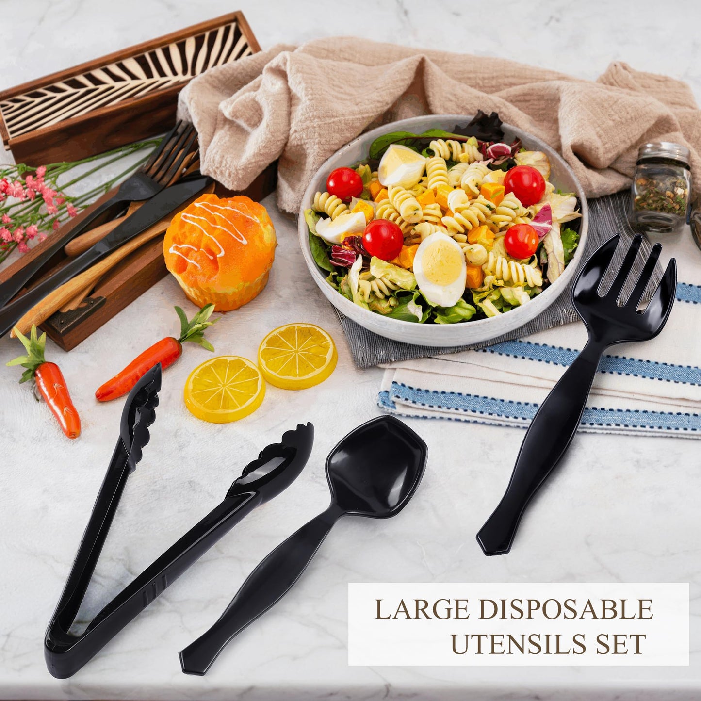 Mwellewm 36Pcs Plastic Serving Utensils Set Large Disposable Serving Spoons Forks Tongs for Serving Food 8.5'' Heavy Duty Black Large Party Utensils Supplies for Buffet Restaurant Dinner Salad Soup