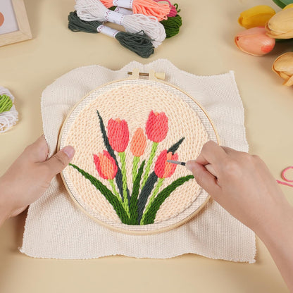 KESTAR Punch Needle Embroidery Starter Kits, Pink Tulip Flower Punch Needle Kits for Adults Beginner, Needle Punch Kit Tool with Instruction Threader Fabric Yarns and Hoop