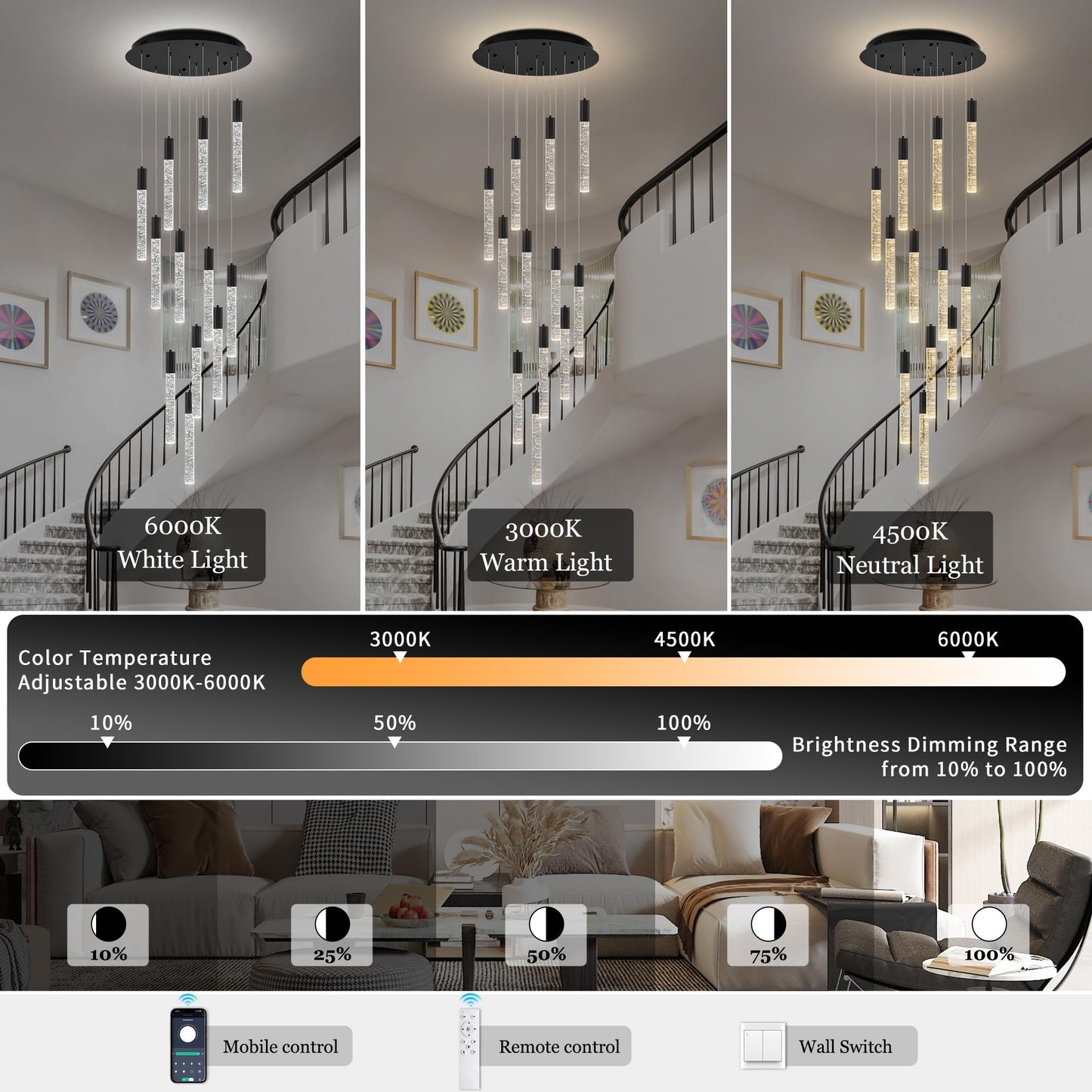 Upfelw Modern High Ceiling Crystal Chandelier 12-Lights, Large Spiral LED Raindrop Foyer Pendant Lighting, Bubble Staircase Living Room Hanging Light Fixture Flush Mount Black