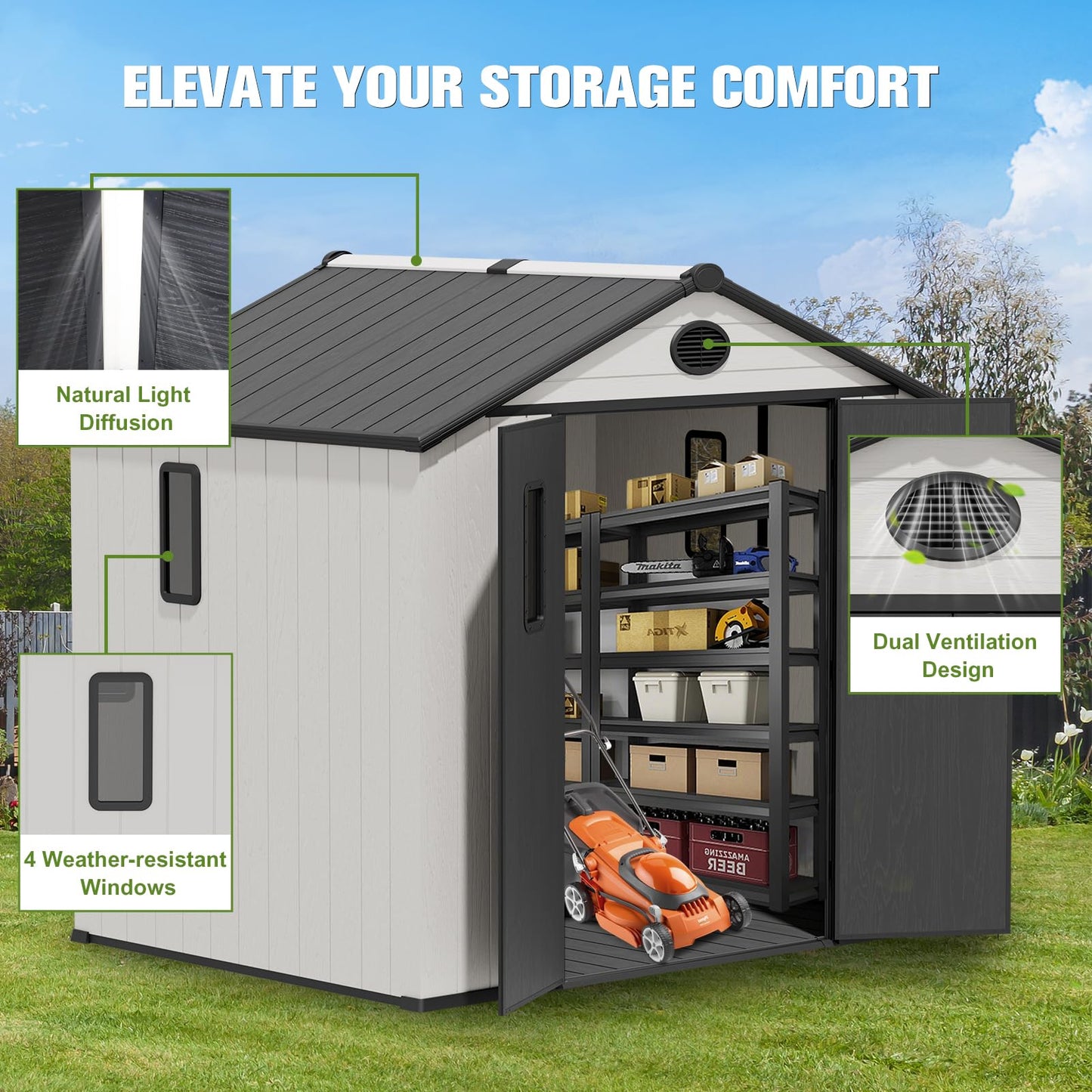 COOS BAY 8x6 Outdoor Storage Shed with Floor, Lockable Doors, All-Weather Resin Garden Tool Shed, White/Gray