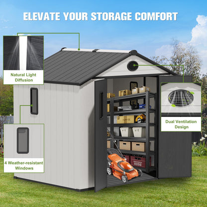 COOS BAY 8x6 Outdoor Storage Shed with Floor, Lockable Doors, All-Weather Resin Garden Tool Shed, White/Gray