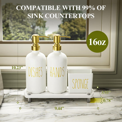 Cisily Kitchen Soap Dispenser Set Comes with Ceramics Sponge Holder, Gold Pumps, and Instant Dry Tray, Hand and Dish Soap Dispenser Set (4, Gold + White + Sponge Holder)