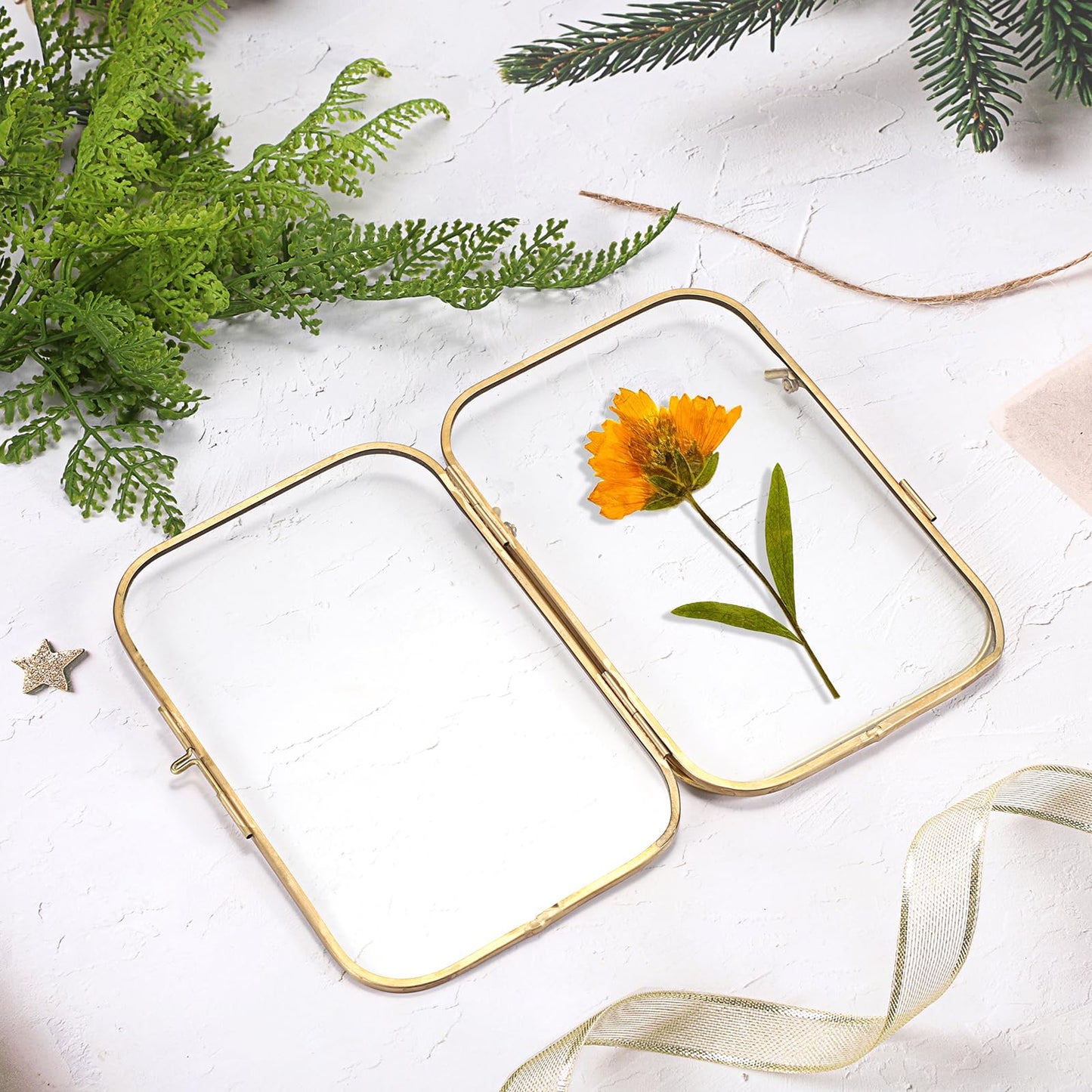 JUXYES Tabletop Double Glass Brass Frames for Pressed Flowers, Double Sided Glass Frame Gold Floating Artwork Display Frames for Photo, Picture, Dried Pressed Flower, etc, 4x6 Inches