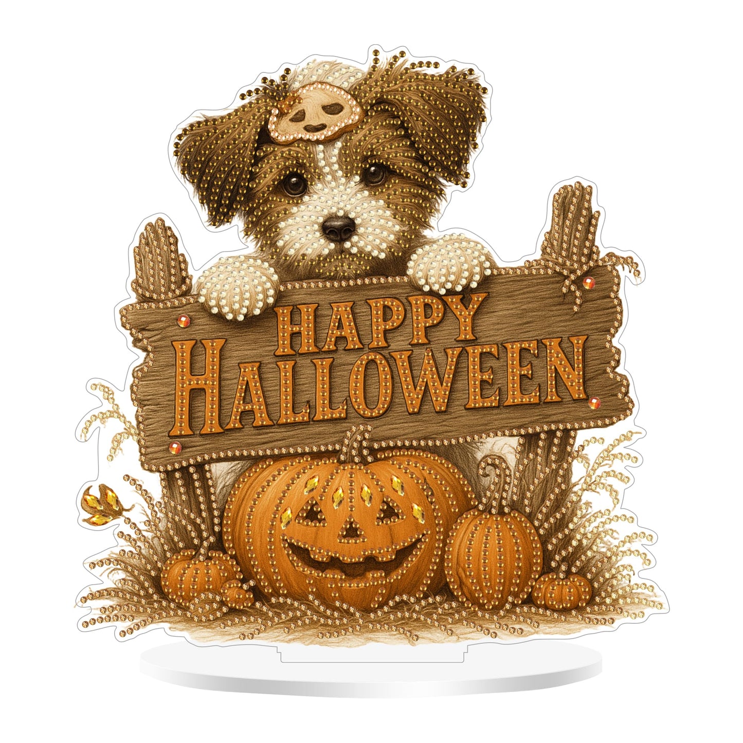Eiflow Desktop Diamond Art Kit for Adults Happy Halloween, DIY Tabletop Diamond Art Painting with Stand, Acrylic Stand Up Gem Painting Board Kit(Dog and Pumpkin)