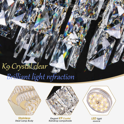 24 inch Flush Mount Crystal Chandelierse with Remote and APP Gold, Modern Elegant LED Crystal Raindrop Ceiling Light Fixtur, 3CCT Dimmable, for Living Room Kitchen Island Bedroom Entryway Foyer
