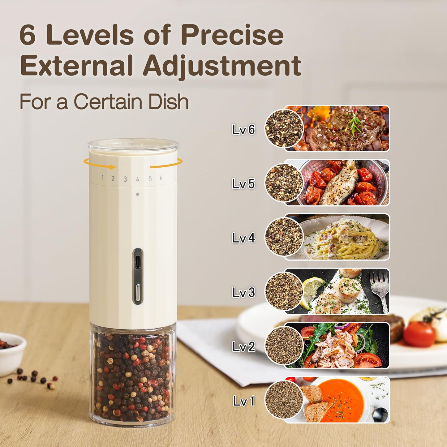 Vucchini 6 Level External Adjustable Electric Pepper Grinder Rechargeable Salt Grinder Type-C Quick Charge Large Capacity Spice Mill Acrylic Container for Home Kitchen