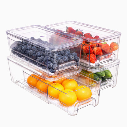 Large Fridge Organizer Drawers, 4 Pack Clear Pull-Out Refrigerator Organizer Bins, Stackable Fruit and Vegetable Storage Containers for Kitchen, Refrigerator, Pantry