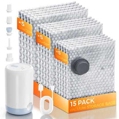 15 Pack Travel Vacuum Bags with Rechargeable Wireless Pump, Clothing Seal Organization Packing Bags, Compression Space Saver Storage for Airplane/Cruise/RV/Camping Carry On Luggage, Suitcase
