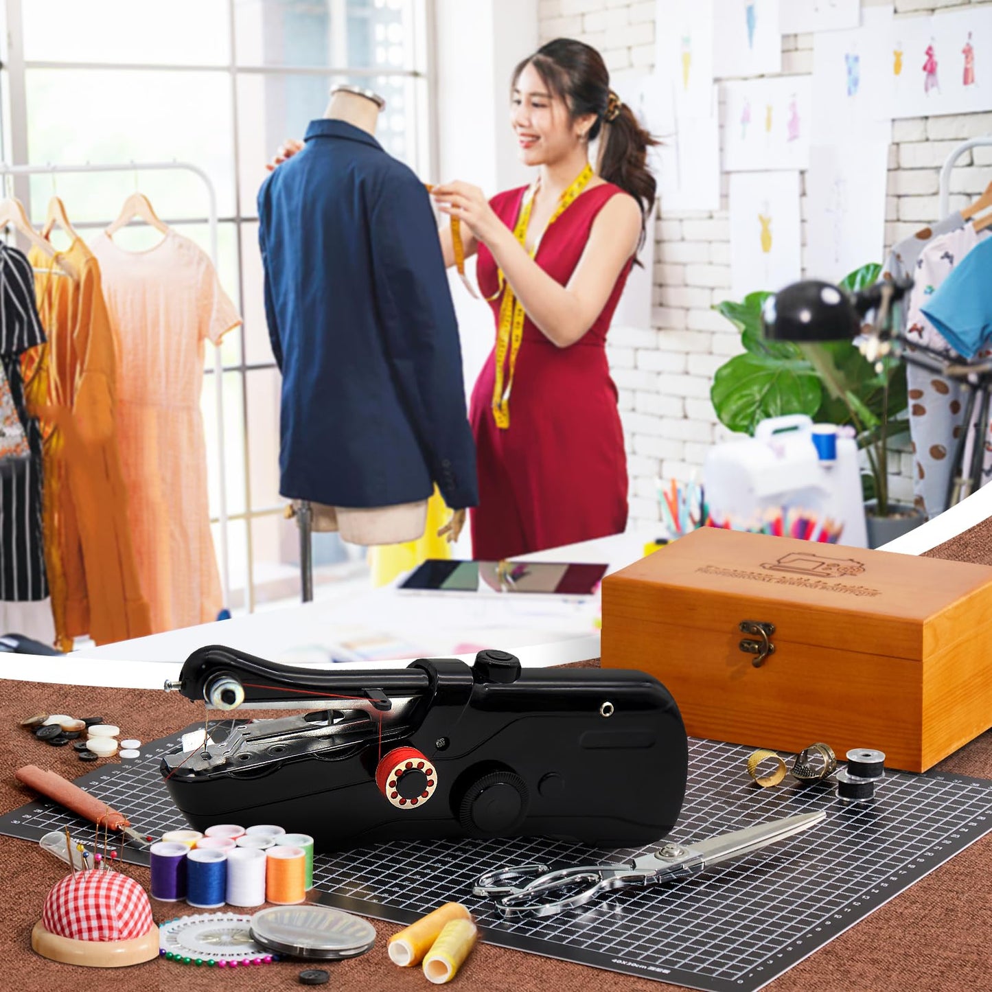 Handheld Sewing Machine with Exquisite Wooden Storage Box & 142-Piece Sewing Kit - Electric Switch, Dual Power Supply, Assorted Needles, Threads, Heavy Duty Scissors - Meets All Household Sewing Needs