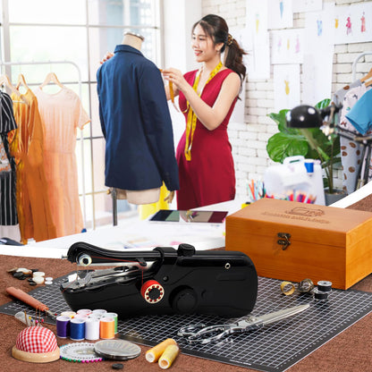 Handheld Sewing Machine with Exquisite Wooden Storage Box & 142-Piece Sewing Kit - Electric Switch, Dual Power Supply, Assorted Needles, Threads, Heavy Duty Scissors - Meets All Household Sewing Needs
