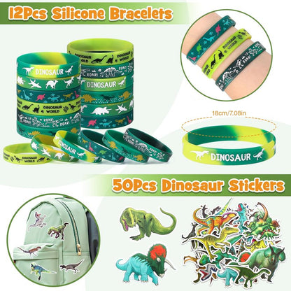 SNLN 12 Sets Dinosaur Party Favors for Kids Birthday, Magnifying Glasses Luminous Keyring Dino Egg Sticker Dino Party Supplies with Skeleton Toy Silicone Bracelet Gift Bag Dino Theme Stuffer Fillers