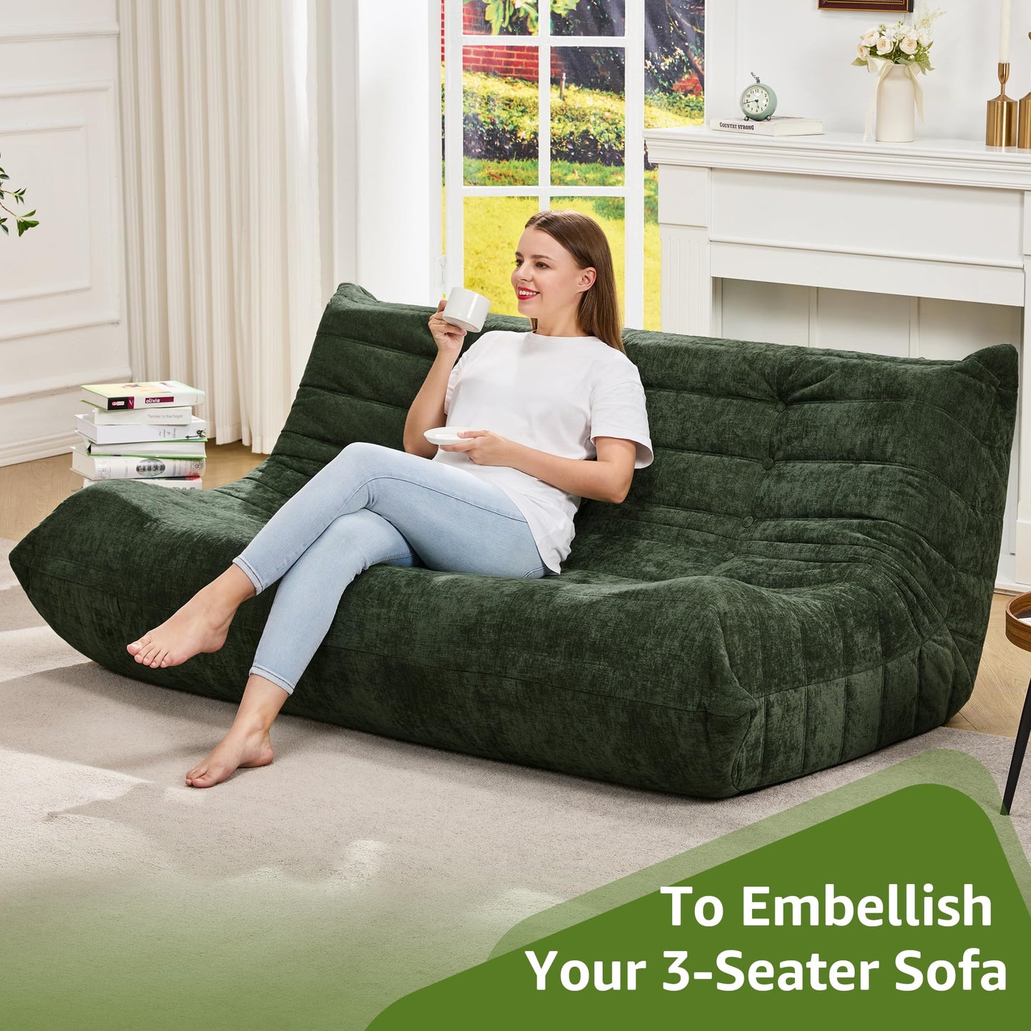 Bean Bag Chairs for Adults Giant Bean Bag Chair Memory Foam BeanBag Chair Bean Bag Sofa with Filler Faux Fur Fireside Beanbags Lazy Sofa for Living Room Bedroom Office (Green Chenille, 3-Seater)