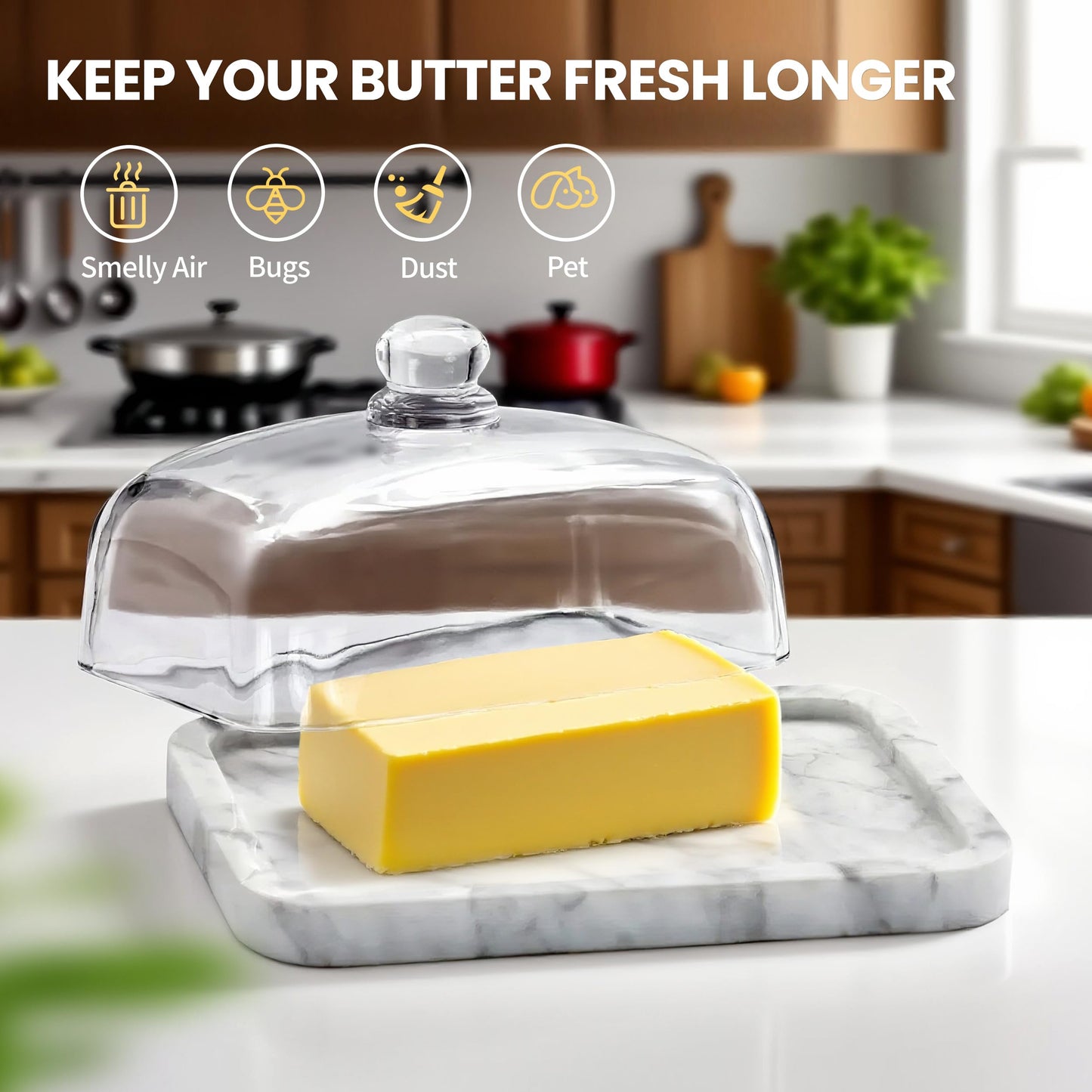 XenMee Marble Butter Dish with Lid, Elegant Large Capacity Butter Holder for Countertop & Refrigerator – Natural Cool Surface Keeps Butter in an Ideal Spreadable State – White Butter Container