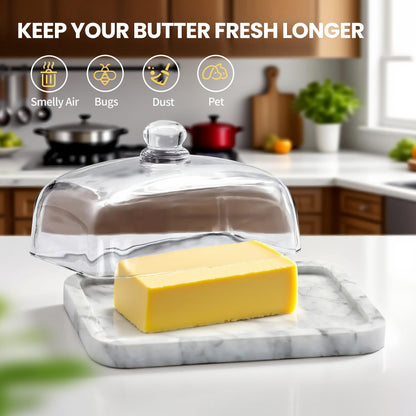 XenMee Marble Butter Dish with Lid, Elegant Large Capacity Butter Holder for Countertop & Refrigerator – Natural Cool Surface Keeps Butter in an Ideal Spreadable State – White Butter Container