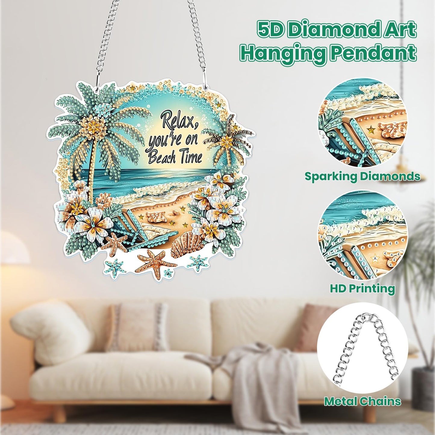 MOGTAA Beach Diamond Art Hanging Pendant Kits, 5D Special Shape Diamond Art Kits for Adults, Crystal Rhinestones Landscape Diamond Painting Gem Art for Home Garden Wall Decor
