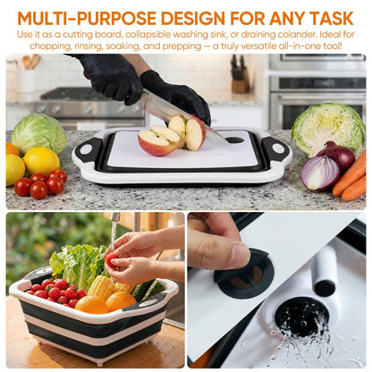 Collapsible BBQ Prep Tub with Lid, Foldable Camping Sink with Colander, Cutting Board, Dish Basin for Kitchen, Bowl, Vegetable and Fruit, Storage Basket for Picnic-Black