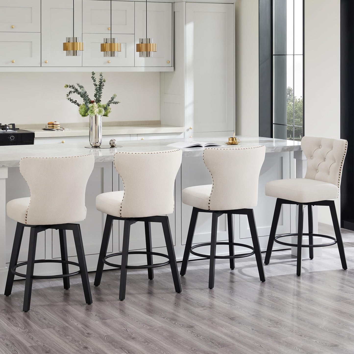 Counter Height Barstools 26 inch Upholstered Button Tufted Swivel Bar Stools with Back and Wood Legs for Kitchen Island,Set of 2,Beige Fabric-Nailhead Trim